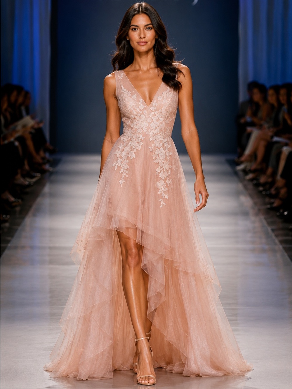BCBG Max Azria Bare Pink Floral Appliqué High Low Tulle Dress NWT Size 0